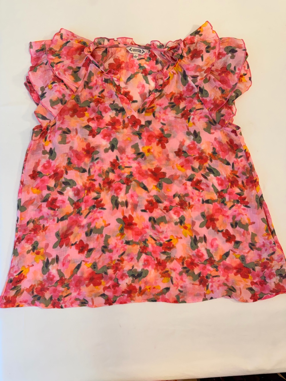 Nanette Lepore Pink Floral Watercolor Ruffle Sleeve Top Size L